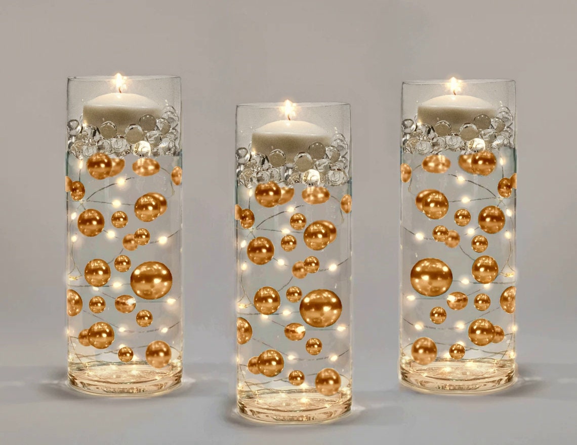 50 Floating Gold Shiny Pearls-jumbo Sizes-fills 1 Gallon for Your  Vases-with Option: 3 Submersible Fairy Lights Strings Vase Decorations 