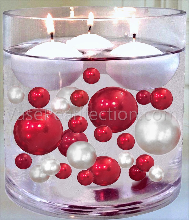JumboAssorted Sizes Vase Decorations and Table Scatters 120 No Hole Red /& White Pearls with Matching Sparkling Gem Accents
