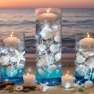 75個のフローティング貝殻（白）と少量のミックスコーラルリーフパール、アクアビーズ、オプション3水中フェアリーライトストリング/隠し水中バッテリー