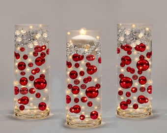 75 Floating Glowing Red Pearls-Shiny-Jumbo Sizes-Fills 1 Gallon For Your Vases-Option: 3 Submersible Fairy Lights Strings-Vase Decorations
