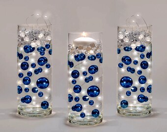 75 Floating Royal Blue/Navy Shiny Pearls-Jumbo Sizes-Fills 1 Gallon For Vases-Option: 3 Submersible Fairy Lights Strings-Vase Decorations