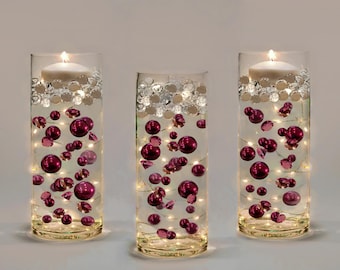 100 perle e gemme galleggianti bordeaux - Grandi - Opzione 6 Luci a LED sommergibili a filo - Batterie sommergibili a scomparsa - Riempie 2 galloni