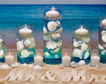 100 Floating Natural Large White Seashells-White Coral Reef-Pearls-Vivid Aqua Sea Color Effects-Fill 1 Gallon-Option 3 Fairy Lights Strings