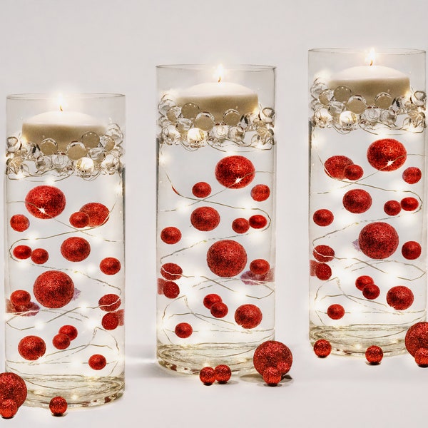40 Floating Red Glitter Shiny Pearls-Jumbo Sizes-Fills 1 Gallon For Your Vases-Option: 3 Submersible Fairy Lights Strings- Vase Decorations