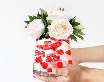 40pc Floating Red Hearts- Fills 1 Gallon for Vases- With Option: 3 Submersible LED Fairy Lights Strings with Hidable & Submersible Batteries
