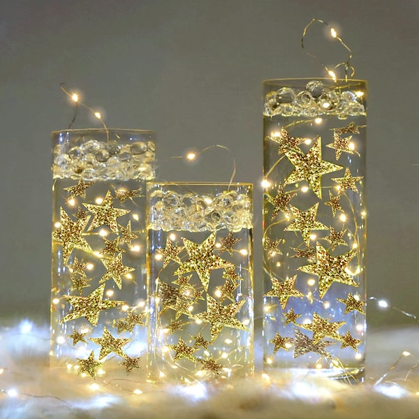 50 Gold Floating Stars- Sparkling- Large Sizes- Resin- Fills 1 Gallon for Your Vases- With Option of 3 Submersible Fairy Lights Strings