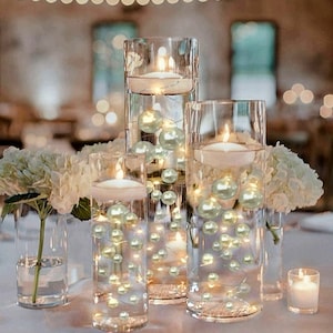 50 Floating White Pearls-Shiny-Jumbo Sizes-No Holes-Fills 1 Gallon of Floating Pearls for Vases-Option: 3 Submersible Fairy Lights Strings
