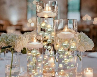 50 Floating White Pearls-Shiny-Jumbo Sizes-No Holes-Fills 1 Gallon of Floating Pearls for Vases-Option: 3 Submersible Fairy Lights Strings