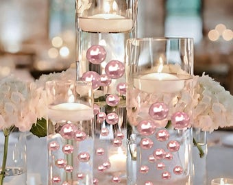 75 Floating Light Pink Pearls- Option to Add 3 Submersible LED Fairy Lights with Hidable Submersible batteries-Fills 1 Gallon for Your Vases