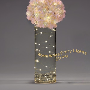 May include: A clear glass vase filled with warm white fairy lights and decorative glass beads. The vase holds a bouquet of light pink flowers. Text on the vase reads "Warm White Fairy Lights String."