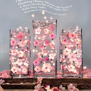 60 Floating Glowing Pink Cherry Blossom Flowers-Matching Sea Glass-Pearls-Fills 1 Gallon for Vases-Option:3 Submersible Fairy Lights Strings