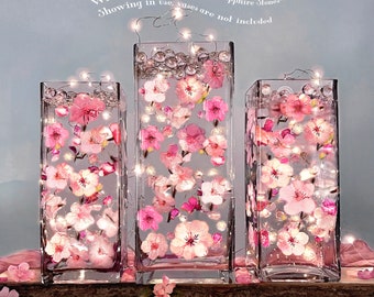 60 fleurs de cerisier roses lumineuses flottantes - Verre de mer assorti - Perles - Remplissage de 1 gallon pour vase - Option : 3 guirlandes lumineuses submersibles