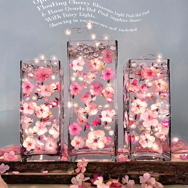 60 Floating Glowing Pink Cherry Blossom Flowers-Matching Sea Glass-Pearls-Fills 1 Gallon for Vases-Option:3 Submersible Fairy Lights Strings