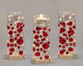 100 Floating Red Pearls & Sparkling Gems- Large- Option 6 Submersible LED Fairy Lights Strings Hidable Submersible Batteries-Fills 2 Gallons