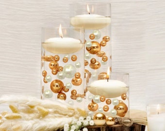 100 Floating Gold & White Pearls-Shiny-Jumbo Sizes-Fills 2 Gallons of Floating Pearls For Vases-Option: 6 Submersible Fairy Lights Strings