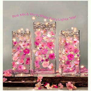 60 Floating Pink Cherry Blossom Flowers, Pebbles, and Pearls- Fills 1 Gallon for Your Vases- With Option of 3 Fairy Lights Strings