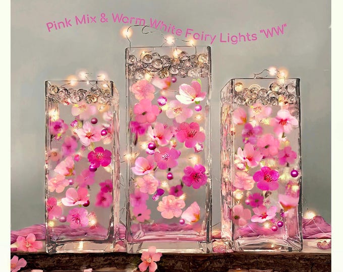 60 Floating Pink Cherry Blossom Flowers-Makes 1 Gallon for Your Vases-Option of 3 Submersible LED Fairy Lights/Hidden Submersible Batteries