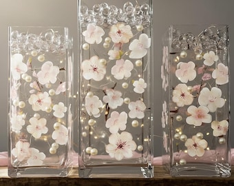 60 Floating Cherry Blossoms Ivory White Light Pink, Matching Pebbles, and Pearls- Fills 1 Gallon- With Option of 3 Submersible Fairy Lights