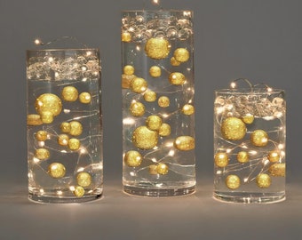 40 Floating Gold Glitter Shiny Pearls-Jumbo Sizes-Fills 1 Gallon For Your Vases-Option: 3 Submersible Fairy Lights Strings- Vase Decorations