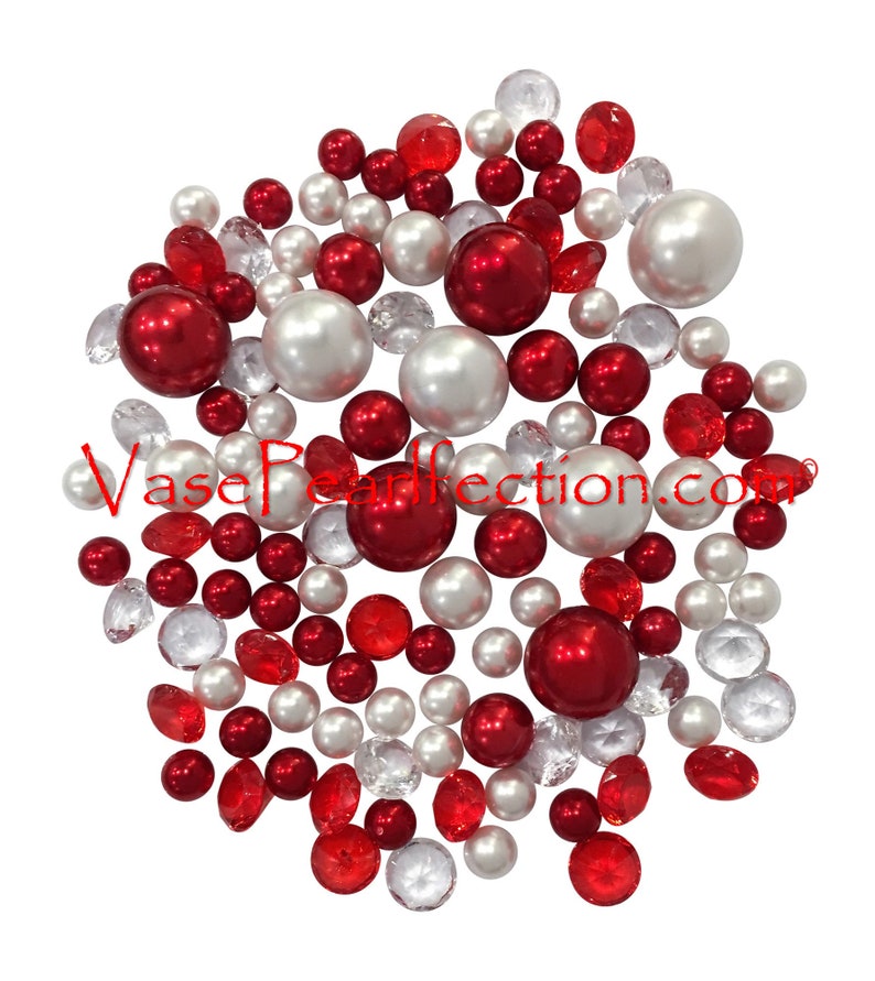 JumboAssorted Sizes Vase Decorations and Table Scatters 120 No Hole Red /& White Pearls with Matching Sparkling Gem Accents