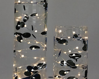 Floating Metallic Black Confetti - 2000pc - Fills 1 Gallon For Your Vases - Option of 3 Submersible Fairy Lights Strings
