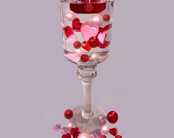 75 Floating Valentine Red Hearts & Pink Hearts With Floating Pearls - Fills 4 Medium Size Vases - With Option of 3 Submersible Fairy Lights