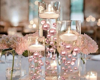 100 Floating Blush Light Pink Pearls & Gems-Fills 2 Gallons for Vases-With Prep Kit-Option: 6 Submersible Fairy Lights Strings-Vase Decor