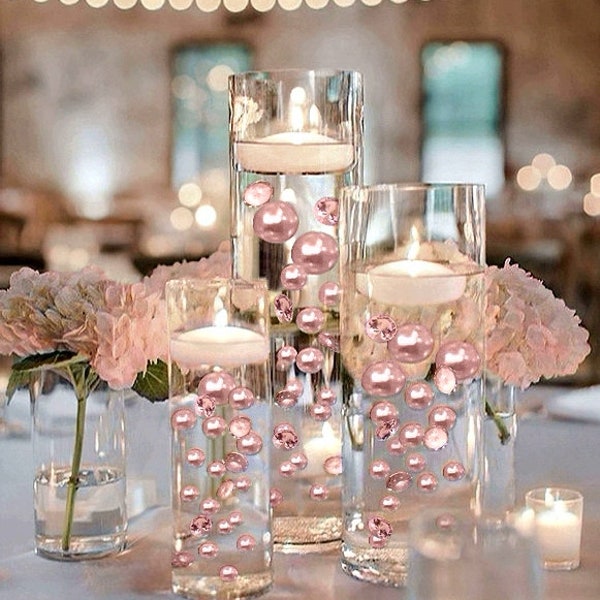 100 Floating Blush Light Pink Pearls & Gems-Fills 2 Gallons for Vases-With Prep Kit-Option: 6 Submersible Fairy Lights Strings-Vase Decor
