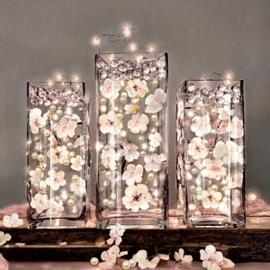 60 Floating Glowing Cherry Blossoms White/Ivory/Light Pink-Matching Tumbled Glass & Pearls-Fills 1 Gallon-Option 3 Submersible Fairy Lights