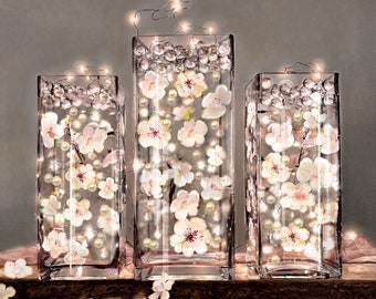 60 Floating Glowing Cherry Blossoms White/Ivory/Light Pink-Matching Tumbled Glass & Pearls-Fills 1 Gallon-Option 3 Submersible Fairy Lights