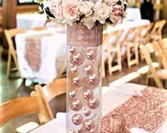 50 Floating Rose Gold Shiny Pearls-Jumbo Sizes-Fills 1 Gallon For Vases-Option: 3 Submersible Fairy Lights Strings- Vase Decorations