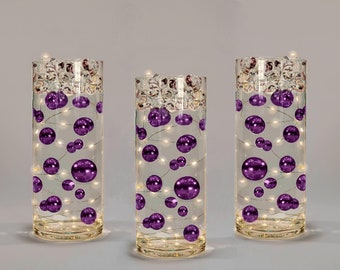 50 Floating Purple Plum Shiny Pearls-Jumbo Sizes-Fills 1 Gallon For Your Vases-Option: 3 Submersible Fairy Lights Strings- Vase Decorations