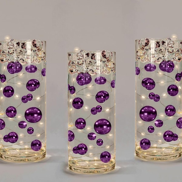 50 Floating Purple Plum Shiny Pearls-Jumbo Sizes-Fills 1 Gallon For Your Vases-Option: 3 Submersible Fairy Lights Strings- Vase Decorations
