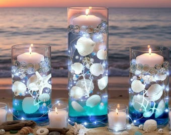 50 White Floating Seashells/Starfish/Coral Reef/Aqua Beads/Pearls-Option 3 Submersible LED Fairy Light Strings/Hidable Submersible Batteries