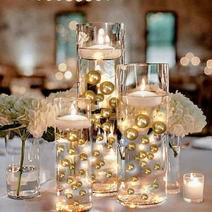 100 Floating Gold Pearls with Gold Sparkling Gems- Fills 2 Gallons For Your Vases- With Option of 6 Submersible Fairy Lights Strings