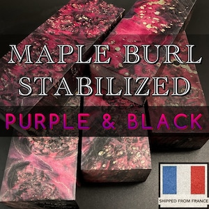 RONCE D&#39;ÉRABLE, pièces brutes stabilisées, couleurs violet et noir. Travail du bois, artisanat. Stock France.