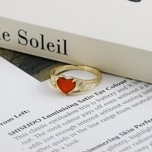 Customizable Red Agate Heart Ring - Sterling Silver Gold Plated Stackable Band - Personalized Engraved Romantic Gift for Her