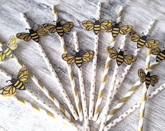 Bumblebee Paper Straws: Bee Birthday Party Decor, Set of 12