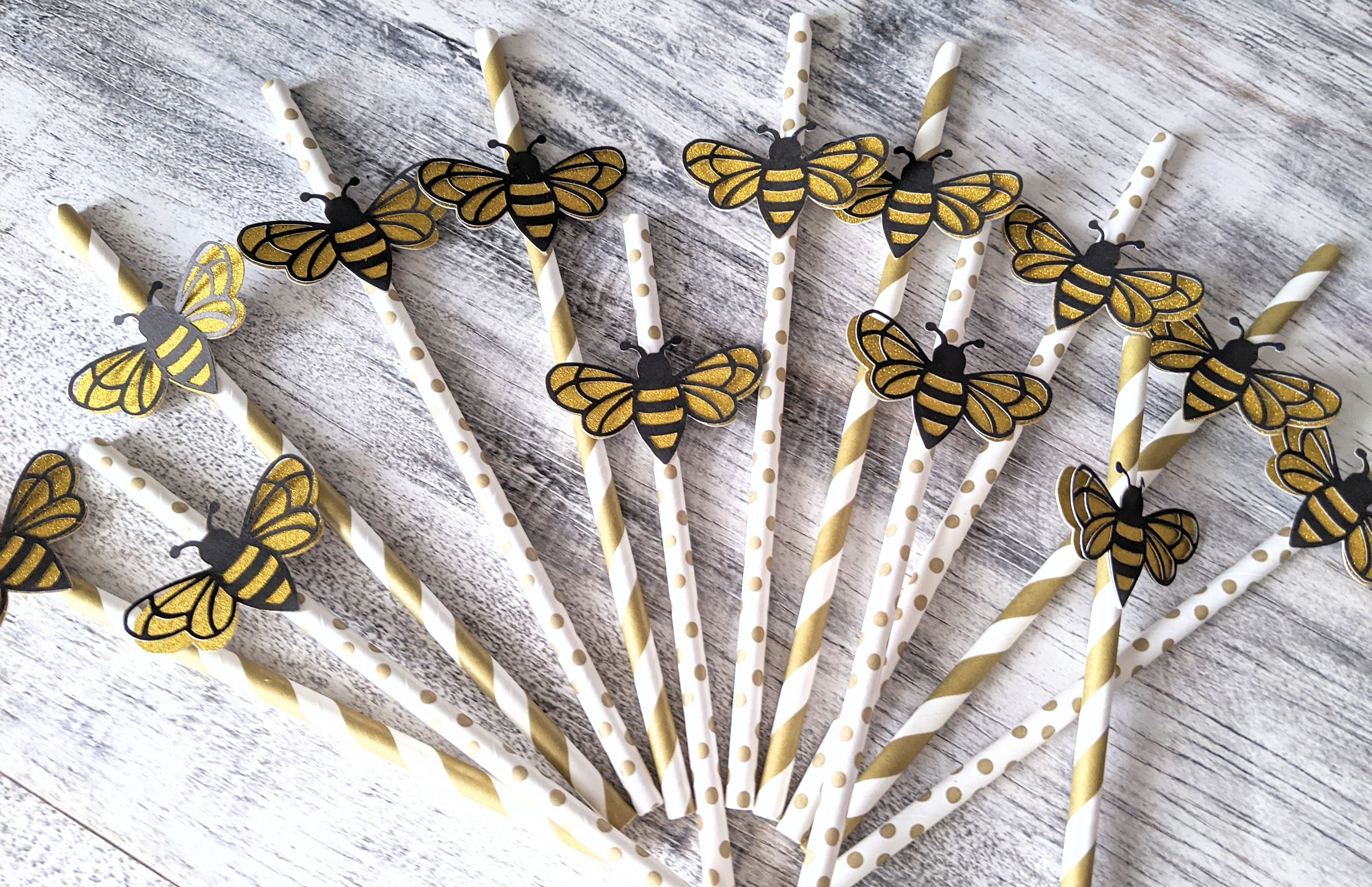 Set of 12 Paper Straws, Bumble Bee Straws, Honey Bee Straws, Black, Yellow,  White, Tiered Tray Decor, Black, Yellow, Paper Straws, Bee 
