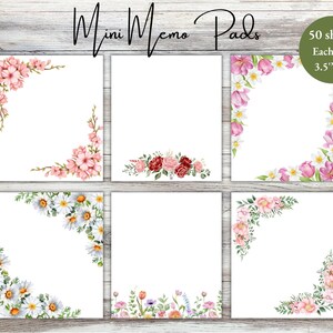 May include: Six square white memo pads featuring floral illustrations. Designs include pink cherry blossoms, red roses, pink tulips with white flowers, white daisies, a wildflower meadow, and pink peonies. Each pad contains 50 sheets measuring 3.5"x4".