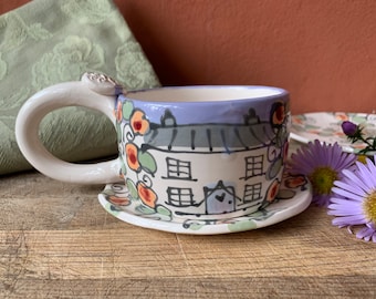 tea cup and saucer, coffee cup, pottery mug, cottage style, birthday gift, present, wedding present, handmade mug, cottage core, tea cup