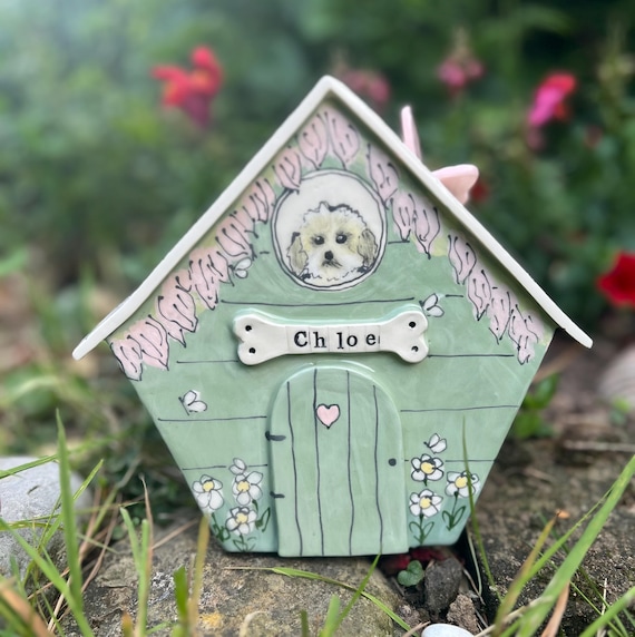 Personalized Dog Urn for Ashes, Hand-Painted Ceramic Pet Memorial Keepsake House