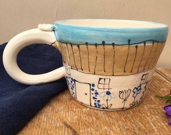 Handmade Pottery Mug: Cottagecore Flower Design Coffee Cup