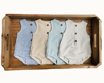 Baby Boy Girl ROMPER GINGHAM cotton neutral Jumper One piece buttoned Neutral Spring summer fall MARCO romper