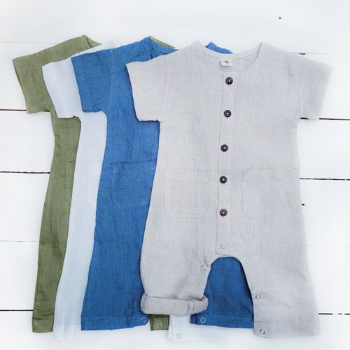 Baby Boy Linen Romper Short Sleeve Vintage Wooden Buttoned Etsy