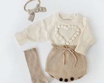 Baby Girl Romper Heart Sweater Long Sleeve knit Warm Spring 100% Cotton kids Dressy Romper valentines Jumpsuit