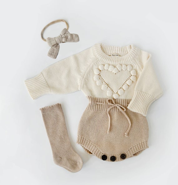 Baby Girl Romper Heart Sweater Long Sleeve Knit Warm Spring 100% Cotton  Kids Dressy Romper Valentines Jumpsuit 