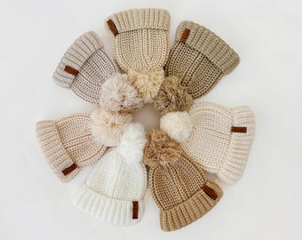 Baby Boy Girl Beanie Hat with Pom acrylic Knit Bonnet crochet look beige neutral colors Winter Holiday Christmas newborn photo