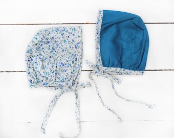 Baby Girl Bonnet Blue Floral Reversible, Dual Side,  Soft Cotton Fall Summer Spring hat Bonnet