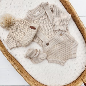 Baby Newborn Knit Outfit Sweater and Bloomer Suspenders Booties Cotton Chunky Matching Set Long Sleeve newborn Dressy Casual PARKER Set